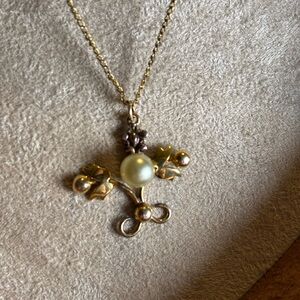 Vintage 12K Gold Filled Floral Pearl Pendant Necklace Art Nouveau Style